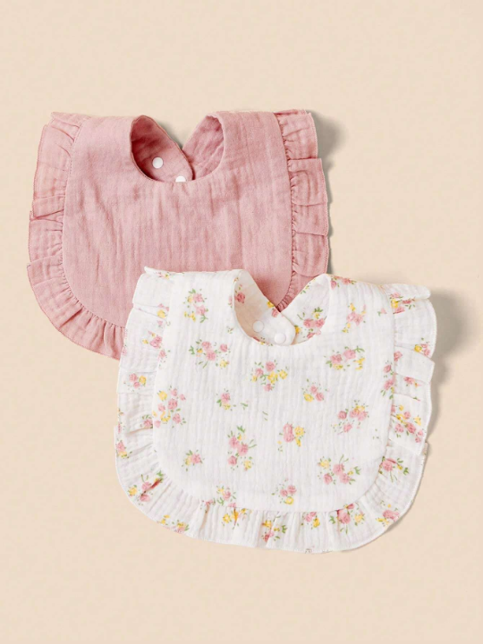 2pcs Baby Flower Pattern Ruffle Trim Bib For Daily Use