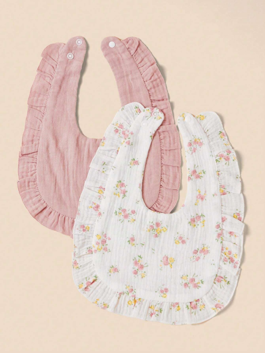 2pcs Baby Flower Pattern Ruffle Trim Bib For Daily Use