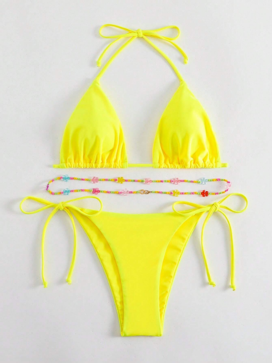 Swim Basics Solid Beaded Halter Triangle Tie Side Bikini Swimsuit