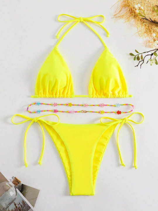 Swim Basics Solid Beaded Halter Triangle Tie Side Bikini Swimsuit