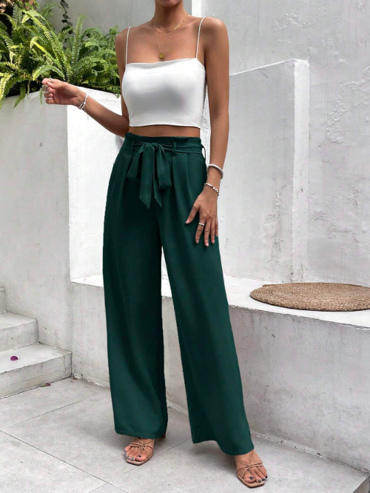 Frenchy Solid Belted Wide Leg Pants