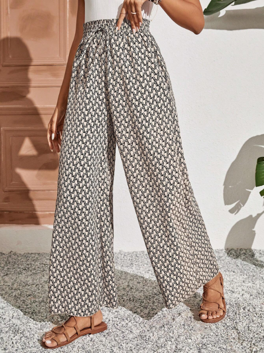 Frenchy Allover Print Knot Waist Wide Leg Pants