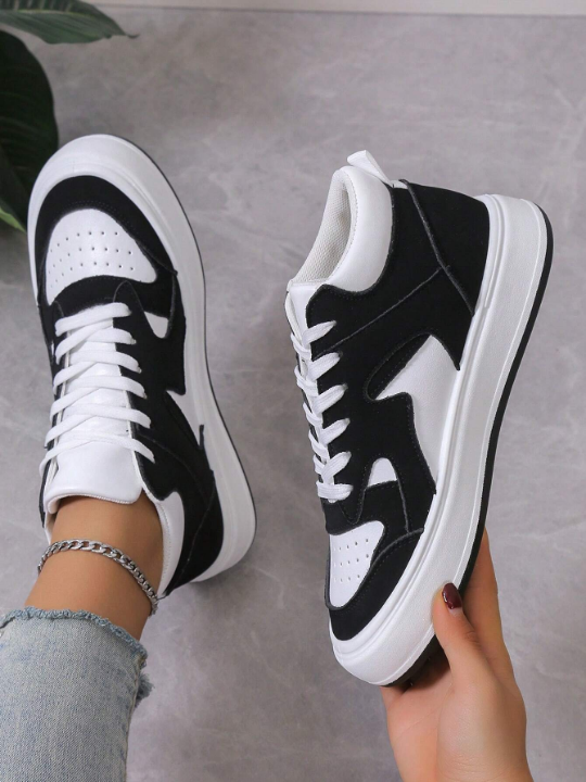 Women Two Tone Lace-up Front Skate Shoes, Sporty Sneakers