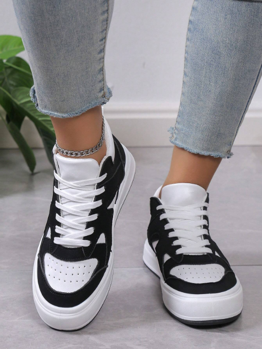 Women Two Tone Lace-up Front Skate Shoes, Sporty Sneakers