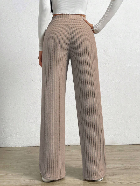 EZwear High Waist Ribbed Knit Straight Leg Pants