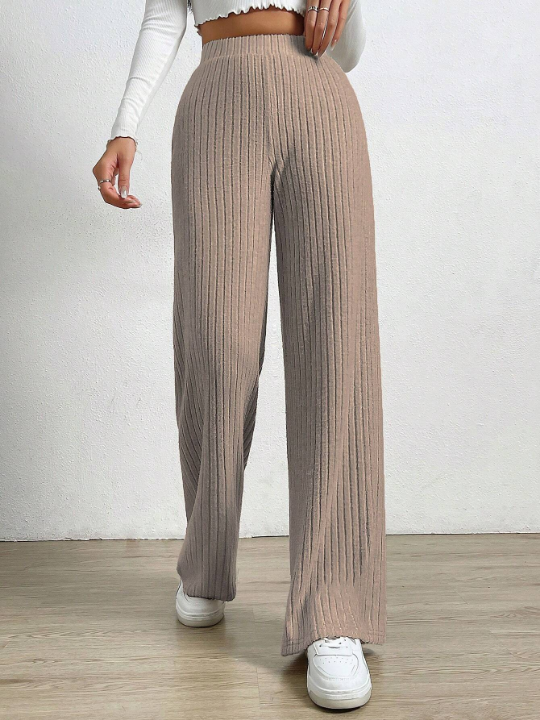 EZwear High Waist Ribbed Knit Straight Leg Pants