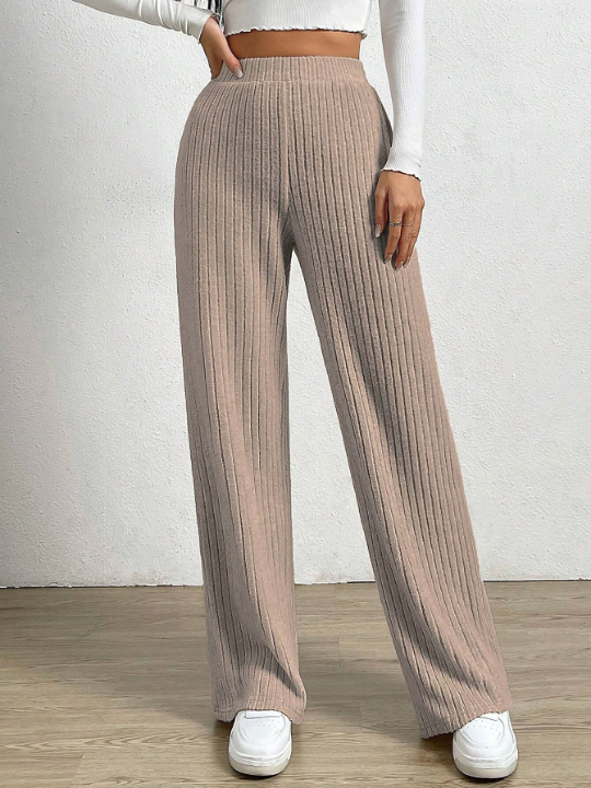 EZwear High Waist Ribbed Knit Straight Leg Pants