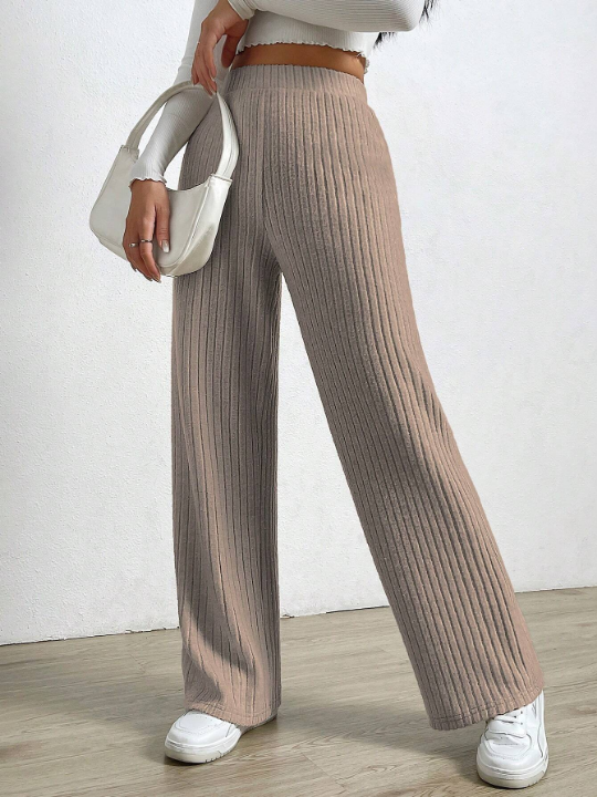 EZwear High Waist Ribbed Knit Straight Leg Pants