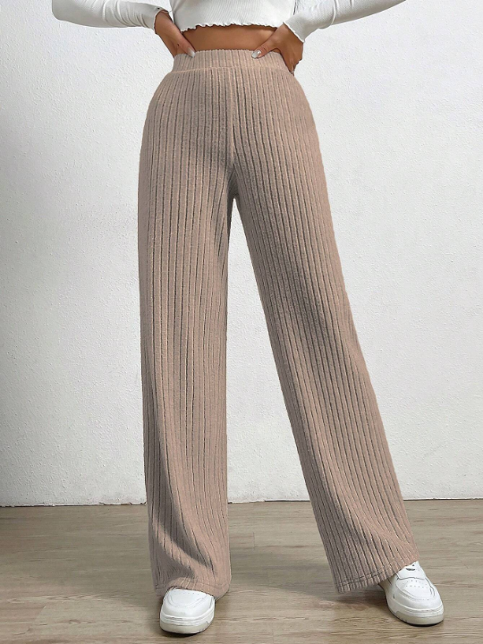 EZwear High Waist Ribbed Knit Straight Leg Pants