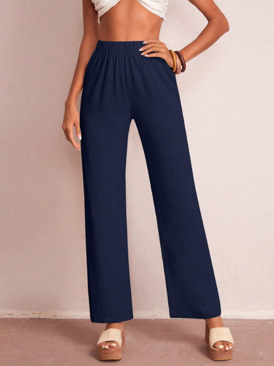 LUNE Solid Elastic Waist Wide Leg Pants