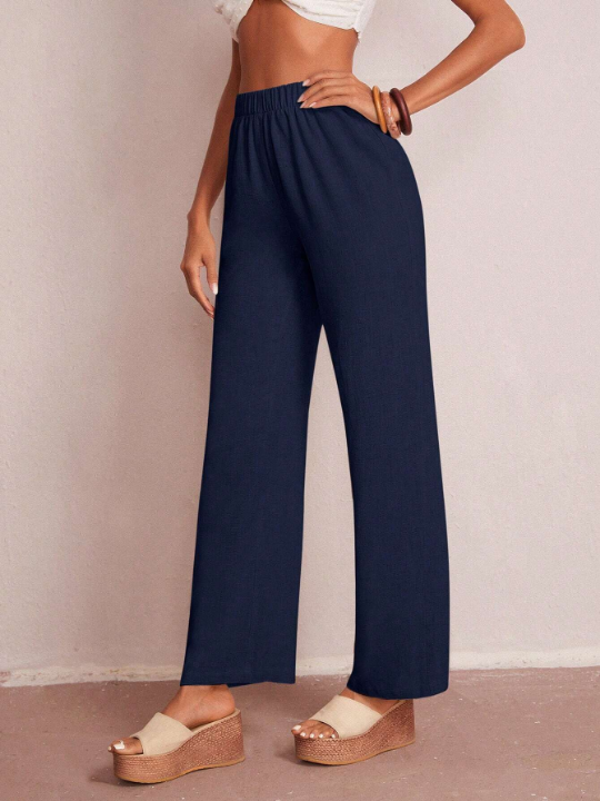 LUNE Solid Elastic Waist Wide Leg Pants