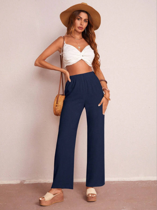 LUNE Solid Elastic Waist Wide Leg Pants