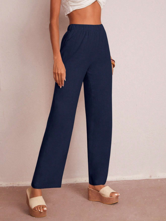 LUNE Solid Elastic Waist Wide Leg Pants