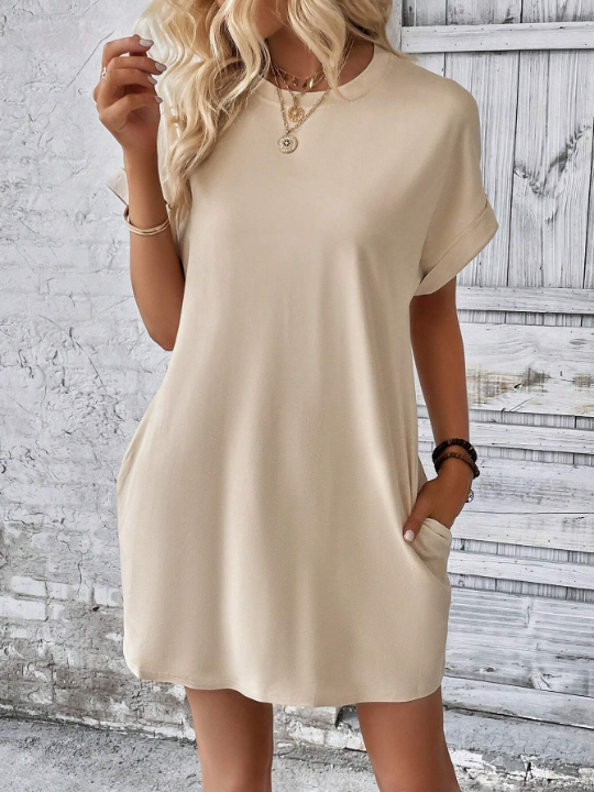 LUNE Solid Batwing Sleeve Hidden Pocket Tee Dress