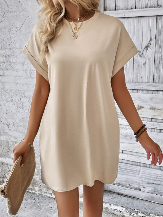 LUNE Solid Batwing Sleeve Hidden Pocket Tee Dress