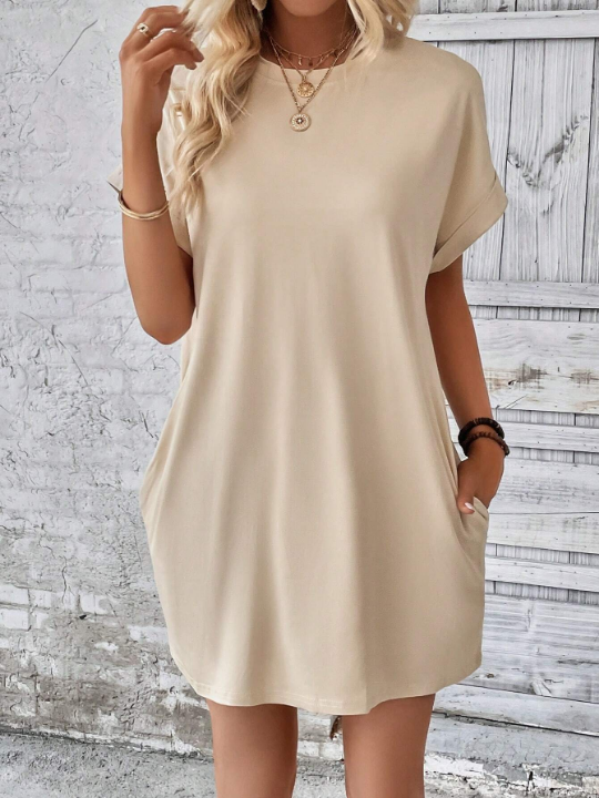 LUNE Solid Batwing Sleeve Hidden Pocket Tee Dress