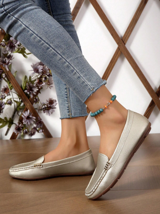 Women Litchi Embossed Metal Decor Slip-on Flats, Glamorous Metallic Outdoor Flat Loafers