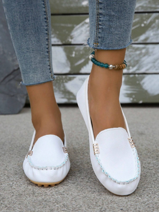 Elegant White Flats For Women, Metal Decor Flat Loafers