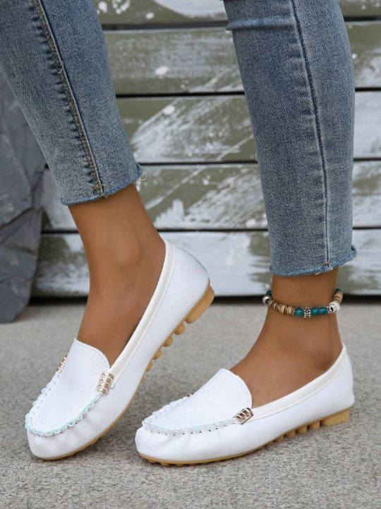 Elegant White Flats For Women, Metal Decor Flat Loafers