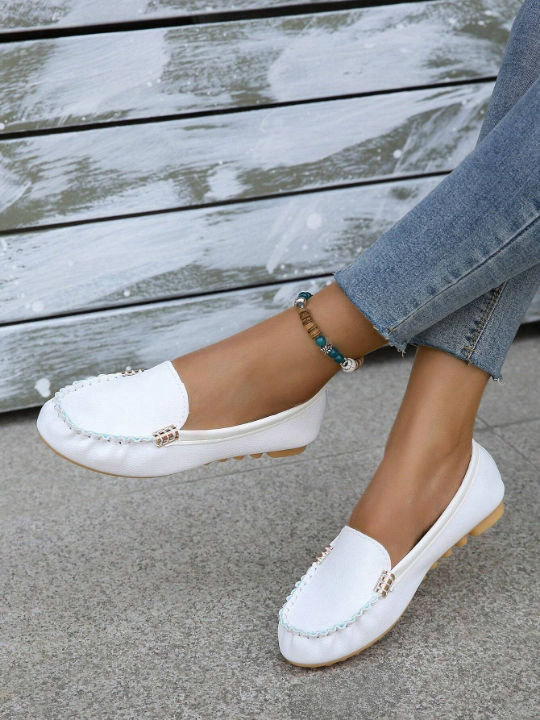 Elegant White Flats For Women, Metal Decor Flat Loafers