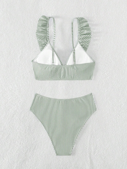 Striped Ruffle Trim Bikini Swimsuit