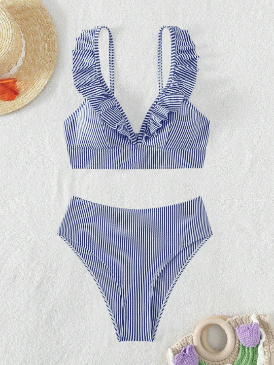 Striped Ruffle Trim Bikini Swimsuit