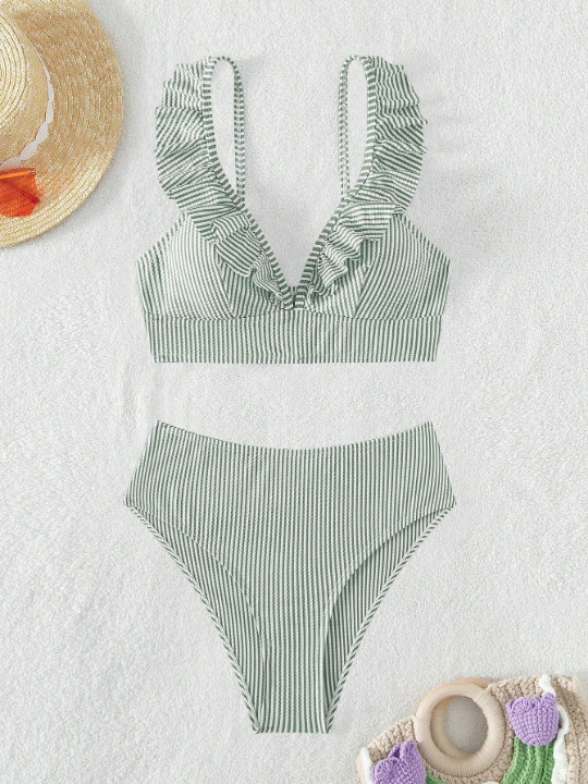 Striped Ruffle Trim Bikini Swimsuit