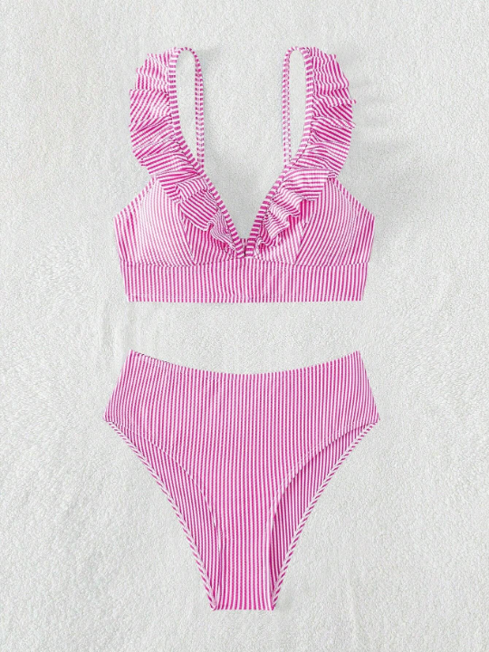 Striped Ruffle Trim Bikini Swimsuit