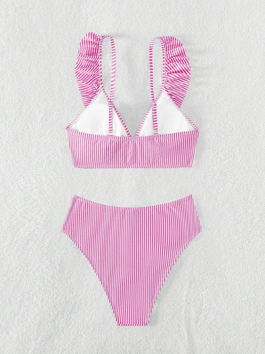 Striped Ruffle Trim Bikini Swimsuit