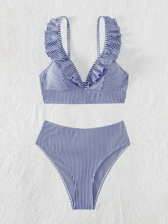 Striped Ruffle Trim Bikini Swimsuit