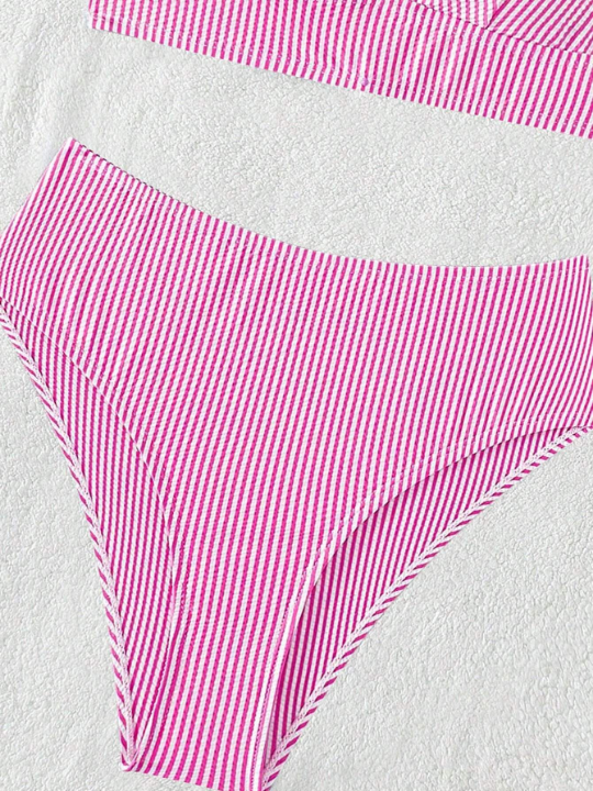 Striped Ruffle Trim Bikini Swimsuit