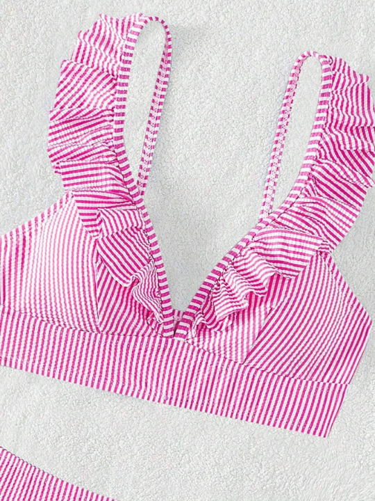 Striped Ruffle Trim Bikini Swimsuit