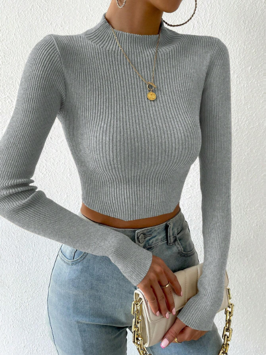 Priv Mock Neck Ribbed Knit Crop Sweater