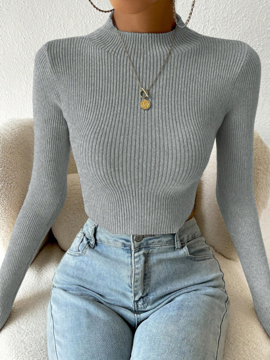 Priv Mock Neck Ribbed Knit Crop Sweater