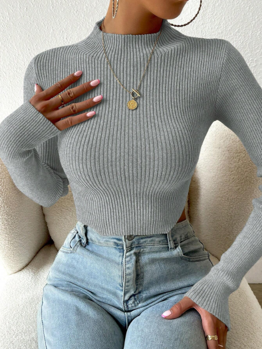 Priv Mock Neck Ribbed Knit Crop Sweater