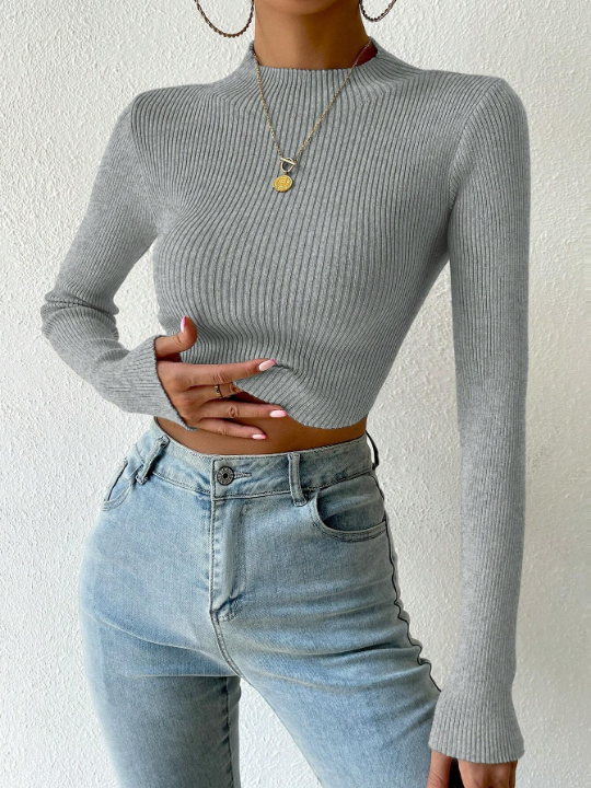 Priv Mock Neck Ribbed Knit Crop Sweater