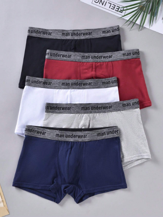 Men 5pcs Letter Graphic Contrast Tape Boxer Brief