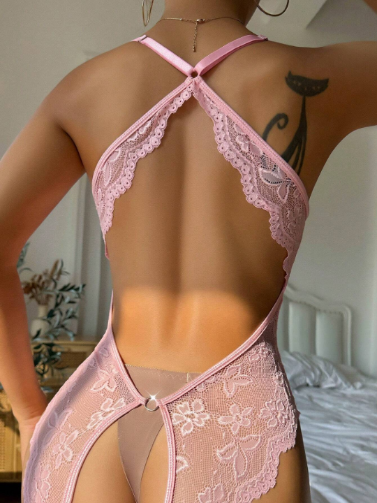 Classic Sexy Floral Lace Scallop Trim Plunging Teddy Bodysuit