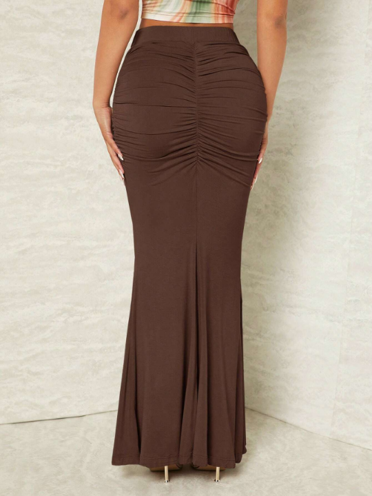 SXY Ruched Mermaid Hem Solid Maxi Skirt