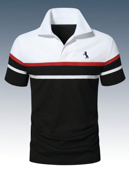 Manfinity Homme Men Color Block Horse Print Polo Shirt