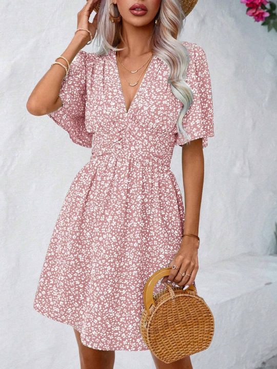 VCAY Ditsy Floral Print Butterfly Sleeve Dress