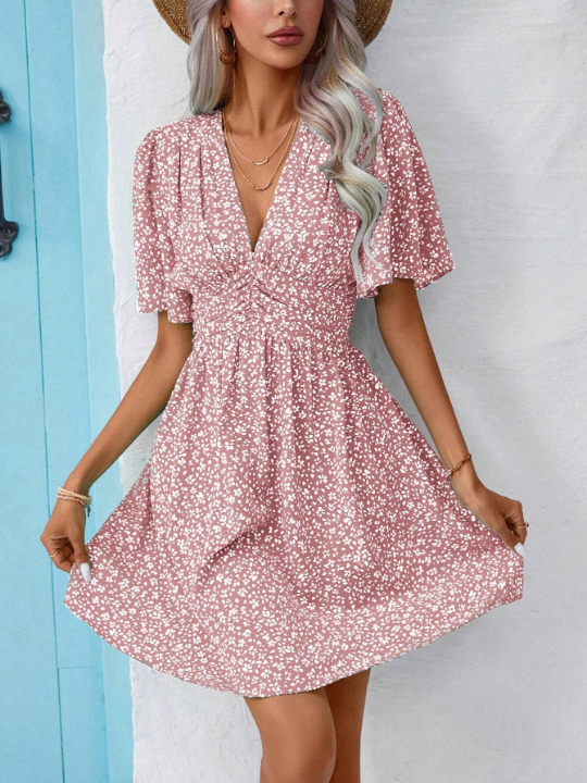 VCAY Ditsy Floral Print Butterfly Sleeve Dress