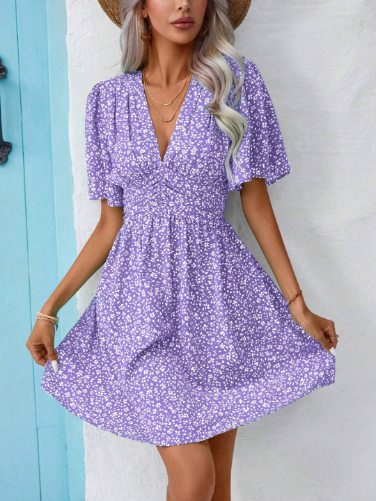 VCAY Ditsy Floral Print Butterfly Sleeve Dress