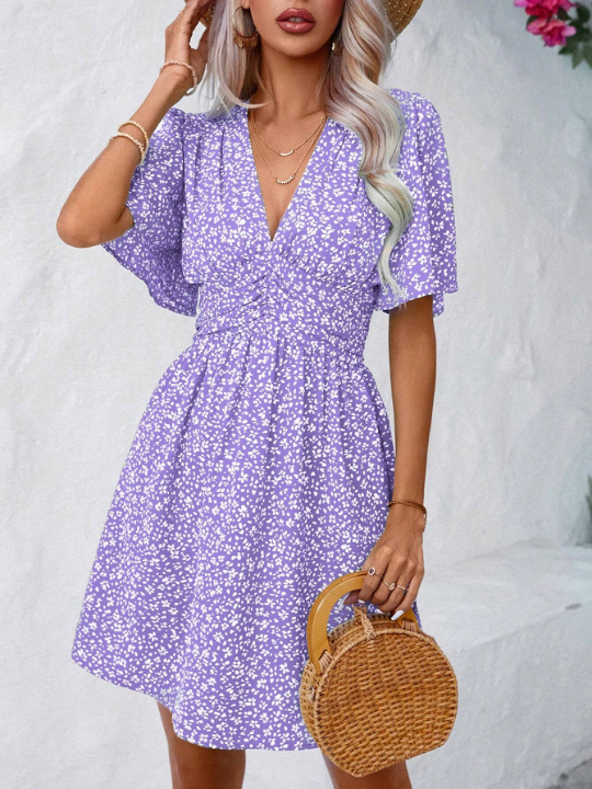 VCAY Ditsy Floral Print Butterfly Sleeve Dress