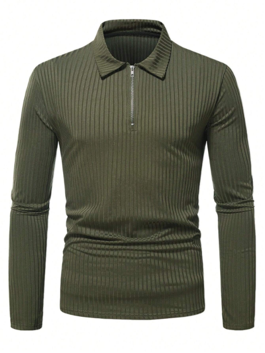 Manfinity Homme Men Ribbed Knit Quarter Zip Polo Shirt