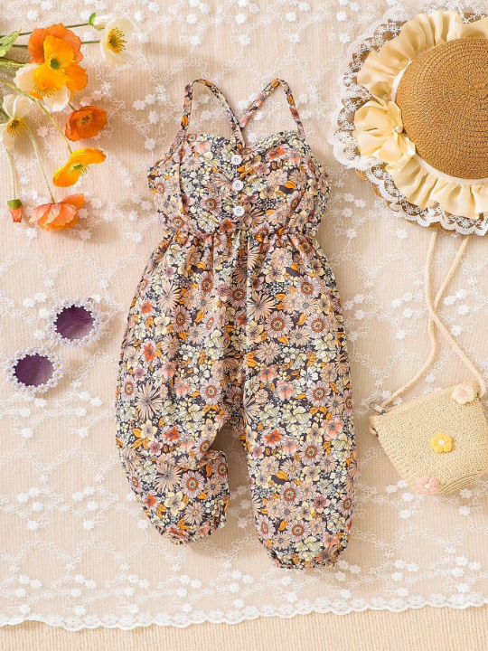 Baby Girl Ditsy Floral Print Crisscross Backless Cami Jumpsuit