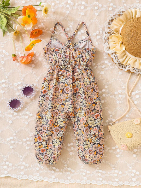 Baby Girl Ditsy Floral Print Crisscross Backless Cami Jumpsuit