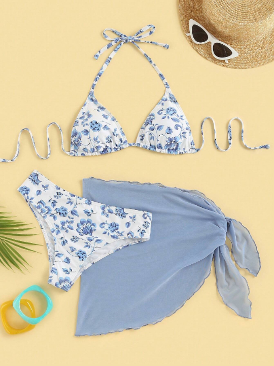 Swim Mod Floral Print Triangle Bikini Swimsuit With Beach Skirt