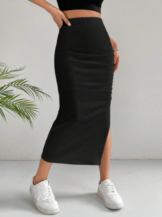 X Sanya Solid Split Thigh Ruched Skirt