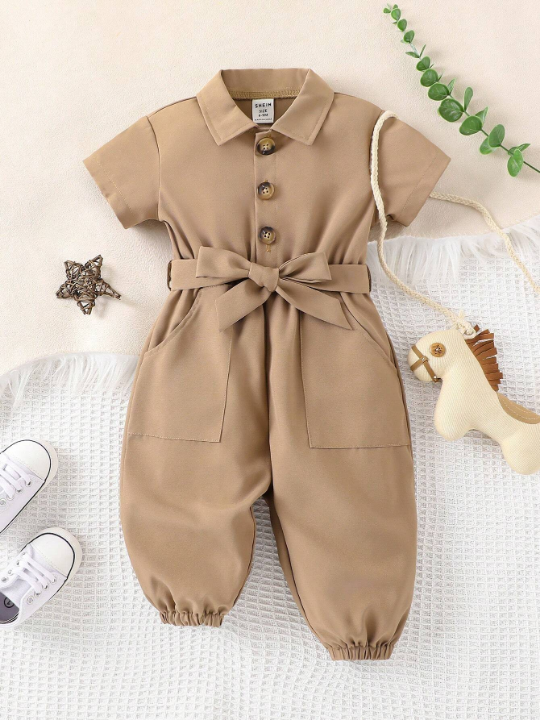 Baby Girl Slant Pocket Belted Shirt Jumpsuit